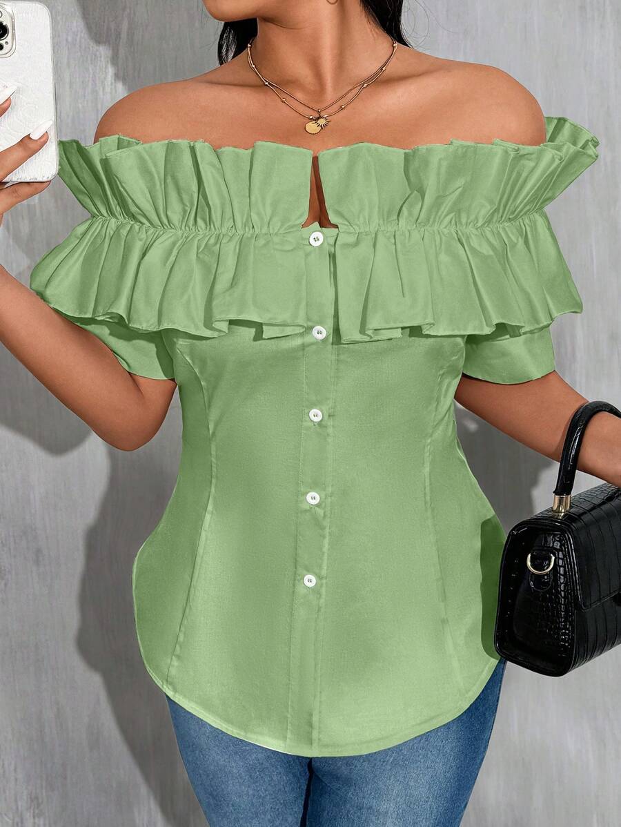 Maweii Áo cánh hở vai đơn giản màu trơn cỡ lớn cho nữ có bèo nhún - Màu xanh Bạc hà - Xem 1