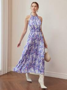 MOTF PREMIUM 全身印花系带露背连衣裙 - 藍色 - 查看 5