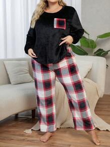 Conjunto de pijama de forro polar de cuello redondo de manga larga con bolsillo a cuadros para mujeres de talla grande, otoño/invierno