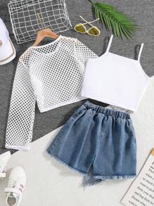 Tween Girls' Solid Tank Top + Button Front Pocket Skirt And Long Sleeve Hollow See-Through Blouse 3pcs Outfit - Medium Wash - View 2