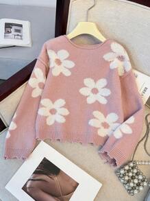 Tween Girls Pink & White Floral Jacquard Embellished Loose Raglan Sweater, Winter - Pink - View 5