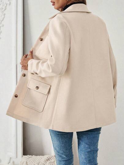 EMERY ROSE Autumn Casual Solid Color Multi-Pocket Jacket,Ladies Late Fall Casual Button Front,Pocket Regular Sleeve Collar Loose Apricot Plain Women Coats,Casual Daily Wear