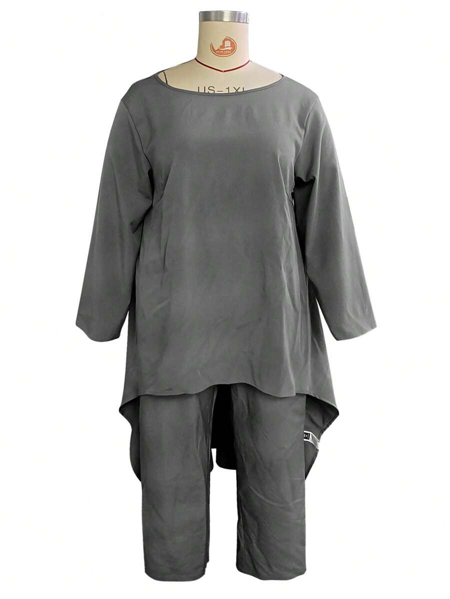 INAWLY 大码两件套西装直袖前短后长设计休闲纯色不对称下摆衬衫和裤子套装，秋季通勤风格