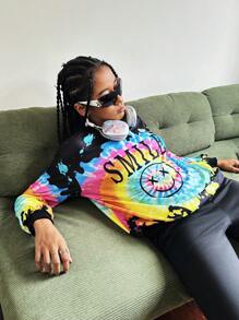 SHEIN 2 peças adolescentes meninas casual tie-dye streetwear simples EUA gráfico moletom e calças de bicicleta conjunto
