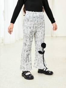 SHEIN 年轻女孩时尚经典休闲毛绒罗纹 3D 玫瑰点缀喇叭裤，舒适百搭，适合春、冬、秋季日常穿着、上学、居家 - 彩色 - 查看 6