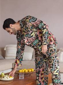 Manfinity ChillVibe Men's Botanical Print Single-Breasted Long Sleeve Top And Pants Pajama Set - Multicolor - View 4