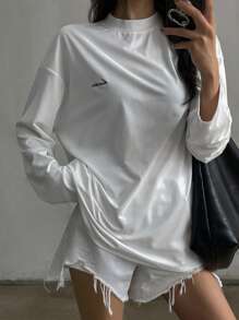 DAZY Áo thun dài tay hở vai in chữ dáng rộng thoải mái cho nữ, Quần áo mùa xuân và mùa hè, Quần áo mùa thu, Quần áo trở lại trường, Áo phông kiểu học sinh - trắng - Xem 4