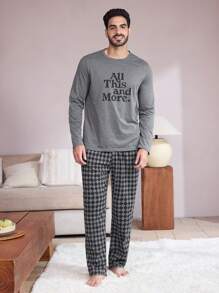 2 stuks heren ronde hals letter print lange mouwen top en geruite zak lange broek nachtkleding set