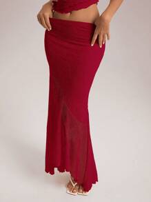 Aloruh 女士度假和婚礼季节蕾丝透视不对称下摆背心和低腰美人鱼荷叶边不对称下摆裙子两件套红色裙子套装两件套连衣裙 - 紅色 - 查看 5