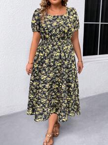 SHEIN LUNE Robe à manches bouffantes col carré à motif floral pour femmes grande taille