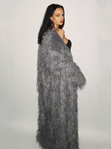 SHEIN ICON 宽松翻领长款蓬松休闲夹克 - 灰色 - 查看 2