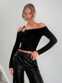 SHEIN X Belinda SHEIN Essnce Women's Casual Asymmetric Collar Solid Color Blouse, Spring Autumn