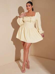 SHEIN BAE 大码女装辣妹甜美女孩长袖弹力编织后盖纯色甜美吊带夏日度假时尚街头约会短裙 - 黃色 - 查看 1