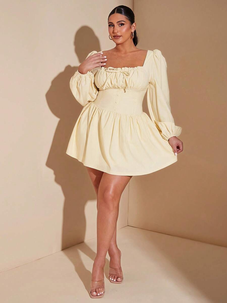 SHEIN BAE 大码女装辣妹甜美女孩长袖弹力编织后盖纯色甜美吊带夏日度假时尚街头约会短裙 - 黃色 - 查看 1