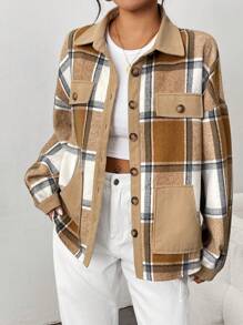 SHEIN LUNE 女式格子领口袋纽扣保暖夹克，秋冬 - 卡其色 - 查看 1