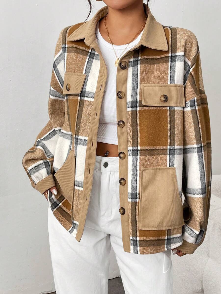 SHEIN LUNE 女式格子领口袋纽扣保暖夹克，秋冬 - 卡其色 - 查看 1