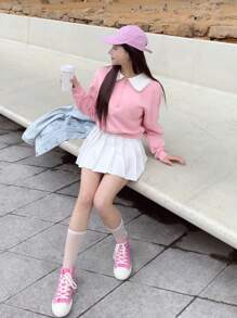 DAZY Women's Contrast Patchwork Half-Zip Relaxed Cropped Hoodie Sweatshirt - Pink - View 2