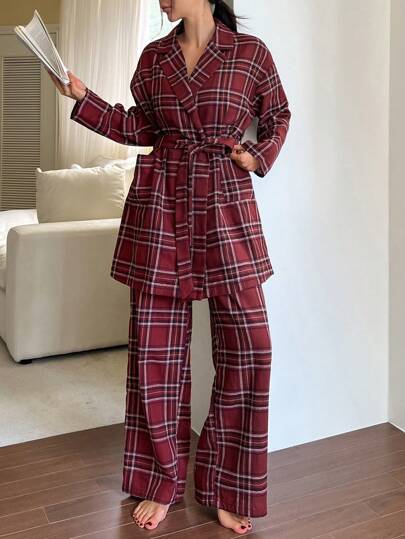 DAZY 女士格子开衫上衣和裤子舒适两件套家居服套装圣诞节、新年睡衣