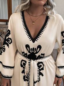 Celure Đầm Maxi Thanh Lịch In Hoa Cổ Chữ V Tay Dài Thắt Eo Cỡ Lớn Cho Nữ - Màu be - Xem 4