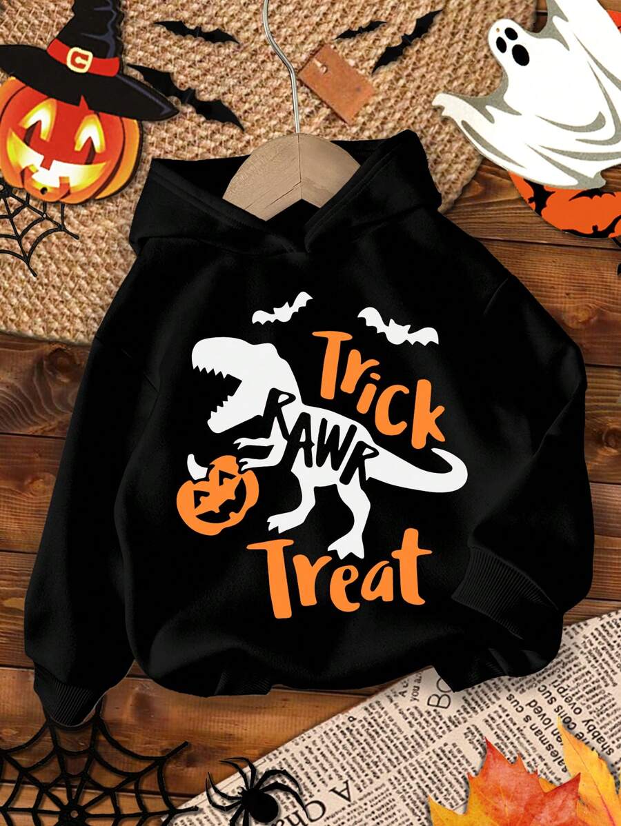 SHEIN Trang phục Halloween, Khủng long, Dơi, Nhện, Bí ngô, Boo Yeah! Áo nỉ dài tay dệt kim dày thoải mái hàng ngày đơn giản cho bé trai, phù hợp cho mùa thu và mùa đông - màu đen - Xem 1