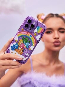 SHEIN X Care Bears Casing Ponsel Ungu Semi-Transparan Motif Beruang Kartun & Hati Pelangi, Hadiah, Kompatibel dengan iPhone - Mauve Purple - View 2