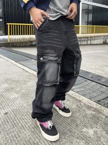 Manfinity EMRG Men's Casual Loose Fit Cargo Pockets Wide Leg Jeans - Black - View 6