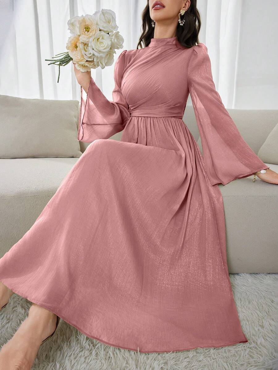 Modelyn 女士优雅纯色喇叭袖长款秋季连衣裙，春季长款晚礼服 - 粉色 - 查看 1