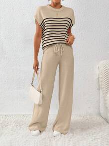 EMERY ROSE 2pcs/Set Women's Contrast Color Loose Casual Drawstring Knitted Set - Khaki - View 5