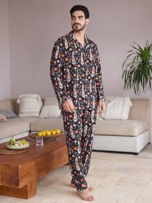 Manfinity ChillVibe 2pcs Men's Lapel Neck All-Over Print Long Sleeve Top And Pants Loungewear Set - Multicolor - View 5