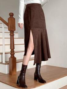 DAZY 女士麂皮中长美人鱼裙，不对称裙摆，荷叶边 - 咖啡棕 - 查看 2
