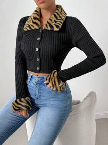 Chiquease Women's Long Sleeve Cardigan With Fluffy Collar & Zebra Pattern