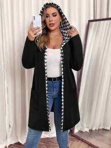 SHEIN VCAY Veste à capuche en patchwork à motif pied-de-poule, style casual, grande taille, automne - Noir et Blanc - Voir 4