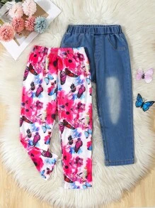 2 piezas Pantalones casuales de punto y mezclilla con estampado de flores y mariposas para niñas, otoño/invierno - Multicolor - Ver 1