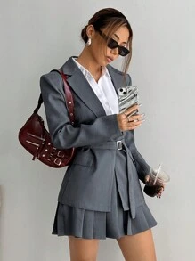 Flirla Early Autumn Solid Color Loose Waistband Blazer & A-Line Ruched Skirt Suit Set Fall Cloth For Women