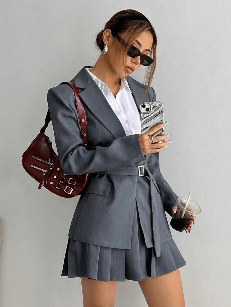 Flirla Early Autumn Solid Color Loose Waistband Blazer & A-Line Ruched Skirt Suit Set Fall Cloth For Women