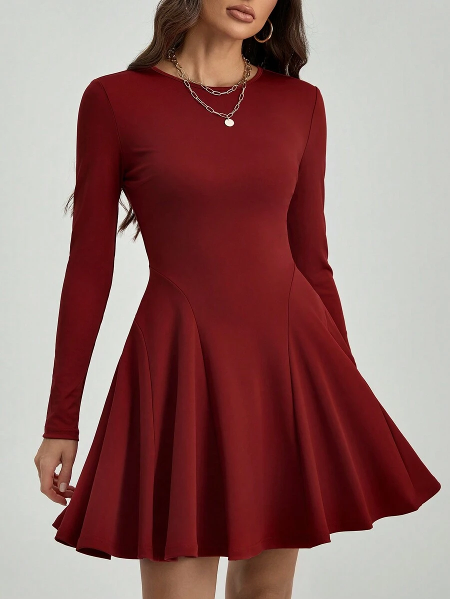 SHEIN Tall Solid Fit And Flare Short Dress - Burgundy - View 1
