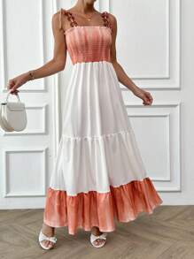 RueChic Women's Contrast Color Ruffled Hem Maxi Casual Dress For Beach