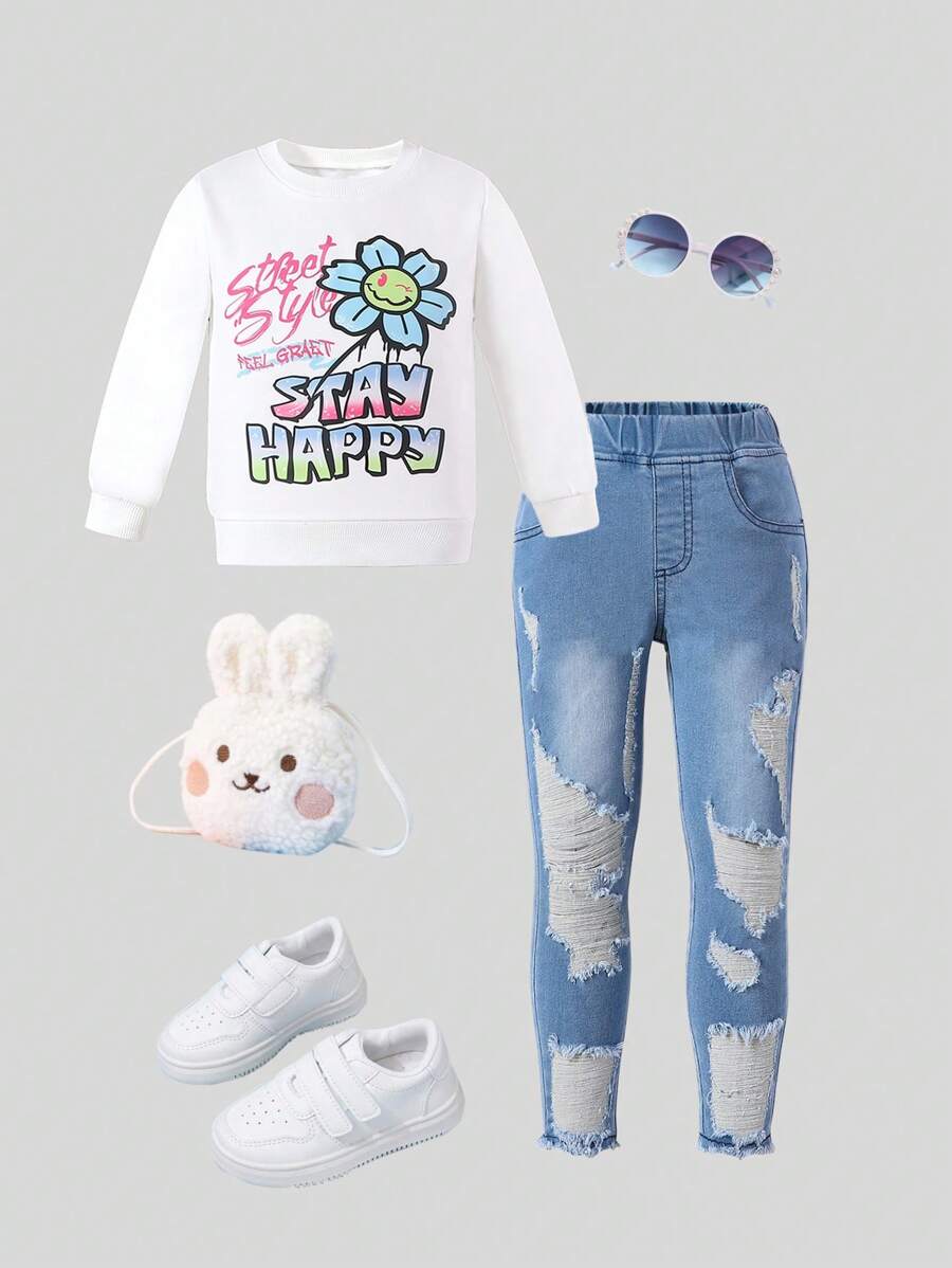 2 pezzi Set composto da felpa con stampa di lettere in stile casual Y2K e jeans in denim consumato per ragazze, autunno/inverno - Bianco - Visualizzare 1