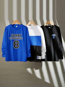 SHEIN Leap Crew Bộ 3 áo thun dài tay in chữ màu đơn giản cho bé trai tuổi mới lớn, Thu (9), Đông (2), Đen, Trắng - Xanh đậm - Xem 2