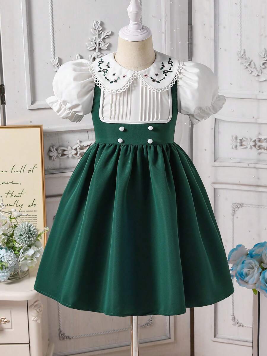 SHEIN Vestido de niña elegante, princesa, de academia, con cuello Peter Pan, manga abullonada, 2 en 1, con cuello cuadrado, de línea A, de longitud hasta la rodilla, con bordado floral en contraste, adecuado para verano, escuela, vuelta al cole, banquetes, actuaciones, reuniones familiares, vacaciones y viajes.