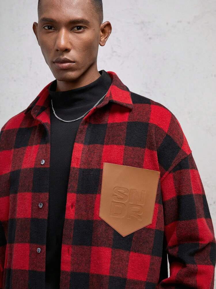 Men's Woven Plaid Slim Fit Stand Collar Long Sleeve Casual Shirt, Suitable For Autumn
