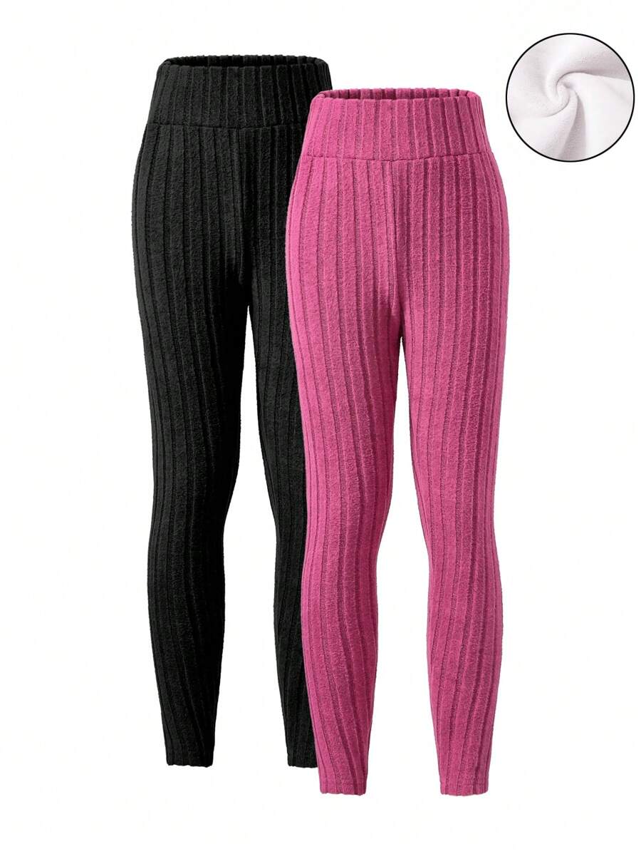 2 Colors Combination Tween Girl Comfortable & Warm Solid Color Leggings, Black & Rose Red