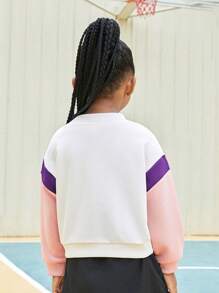 SHEIN Conjunto de estilo de calle deportivo informal vintage para niñas con estampado de parches de espigas de trigo y rayas - Blanco - Ver 2