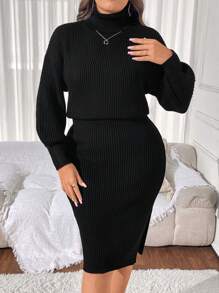 Calvaya Plus Size Women's Solid Color Dropped Shoulder Long Sleeve Fashionable Sexy High Neck Fitted Sweater Dress, Autumn/Winter