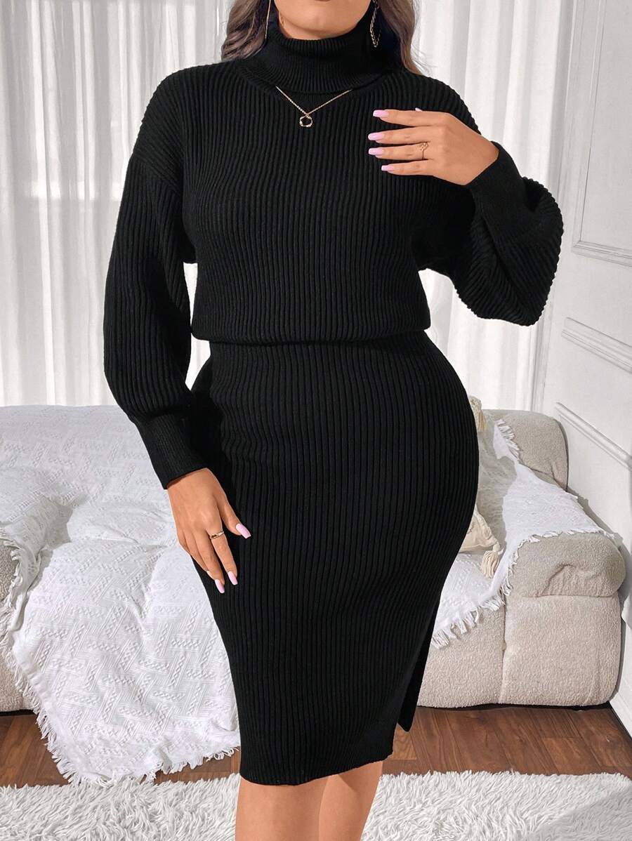 Calvaya Plus Size Women's Solid Color Dropped Shoulder Long Sleeve Fashionable Sexy High Neck Fitted Sweater Dress, Autumn/Winter