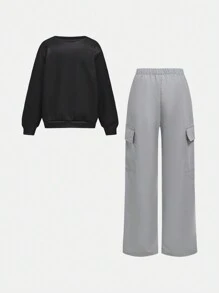 SHEIN 2 件套 Tween 女童时尚肖像图案运动衫和工装裤套装 - 黑色 - 查看 2