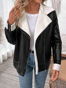 SHEIN LUNE Women Casual Solid PU & Fuzzy Lining Jacket, Autumn & Winter - Black and White - View 5