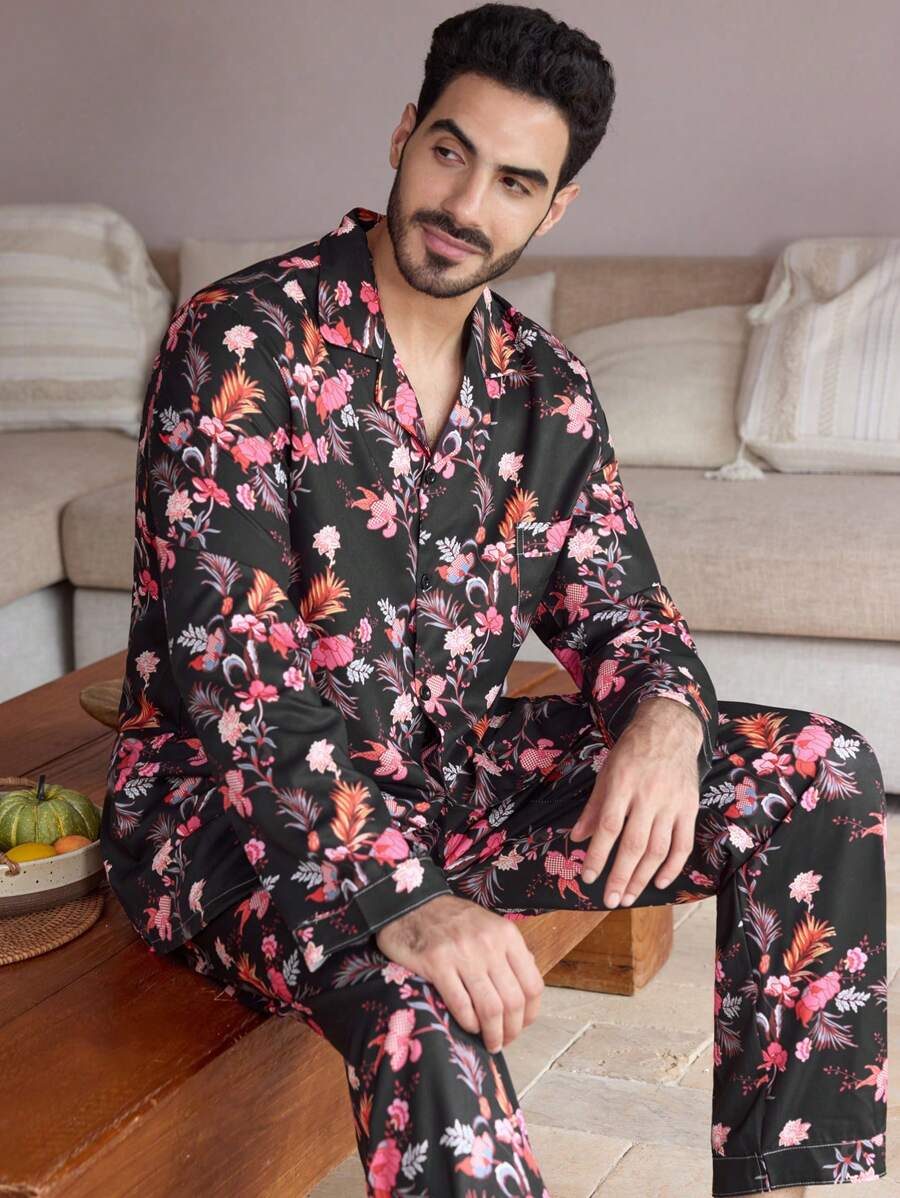 Manfinity ChillVibe Men Floral Allover Print Long Sleeve Loungewear Set - Multicolor - View 1