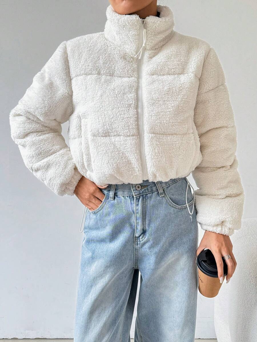 Muchica 女士纯色加绒加厚立领长袖休闲棉服外套 - 米色 - 查看 1