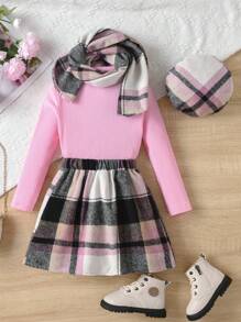 4pcs/Set Young Girls Casual Chic Elegant Mock Neck Long Sleeve Fitted T-Shirt, Elastic Waist Plaid Bow A-Line Skirt, Scarf And Beret Hat Set